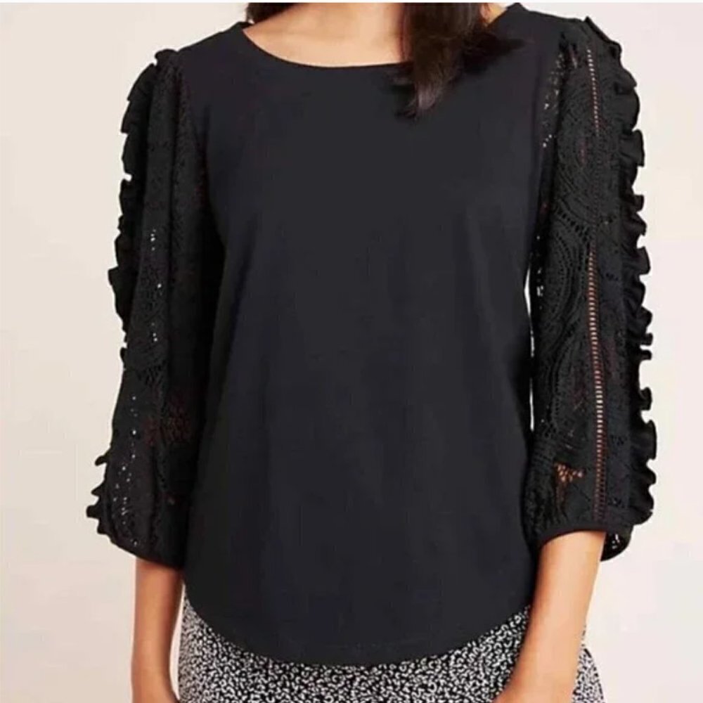 Anthropologie Nina Puff Ruffle Lace/Crochet Sleeve Black Top-Size XS